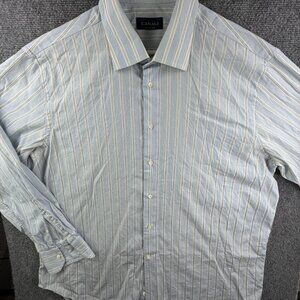 Canali Italy Size 18 Button Up Shirt Men Long Sleeve Striped Blue Designer Adult